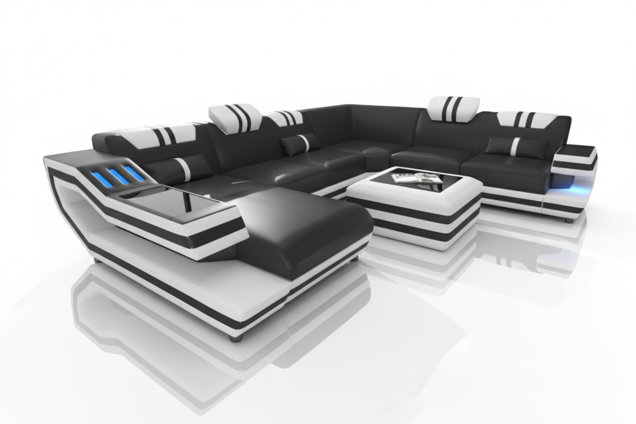 Aura U-Shape Leather Sectional Sofa with LED Light | Modern Designer Couch