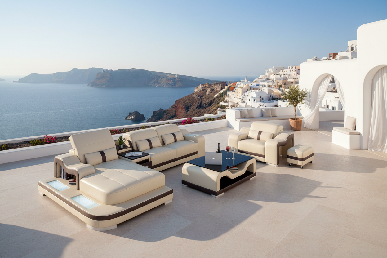 Bayard Leather Sectional With Ottoman - Santorini Greece Cliffside Villa