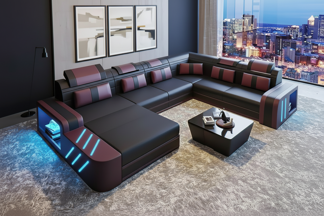Black and purple sectional with reflection