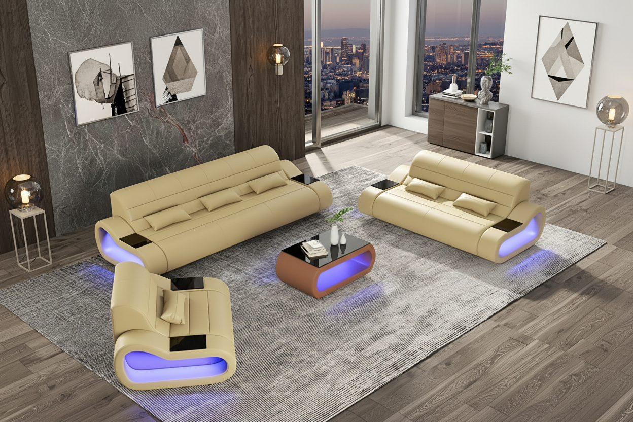 Catina Modern Leather Sofa Set with LED Light - Luxury Penthouse
