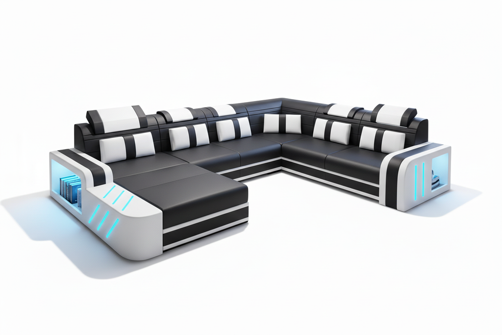 Deep black with bright white trim sectional with soft shadow