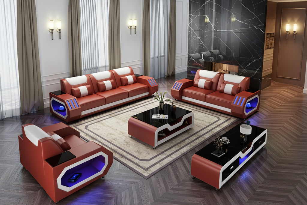 Omont Leather Sofa Set with LED Light - Luxury Living Room