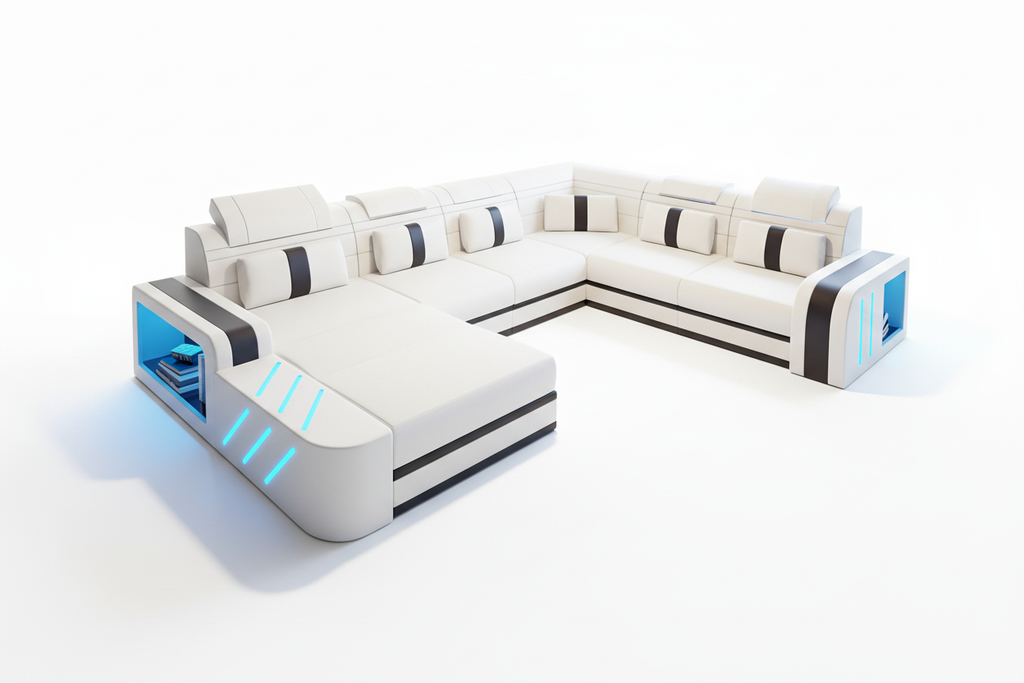 White base with black trim sectional with reflection